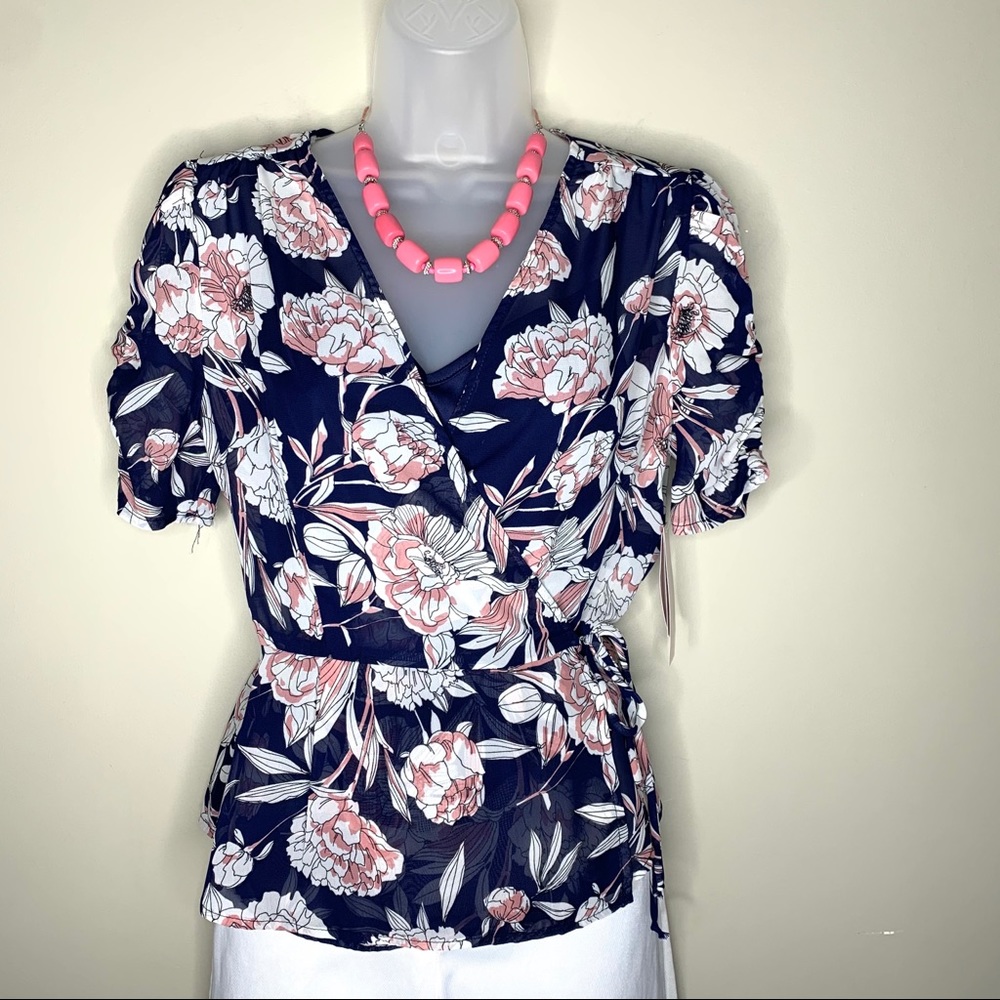 Navy Pink Floral Wrap V-Neck Blouse Built-In Cami Dressy Casual Size L Juniors